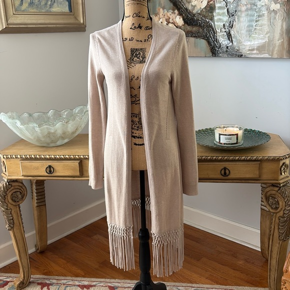 WHBM Fringe Fall Duster Cardigan long sweater tan beige S wool blend pointelle - Picture 1 of 10